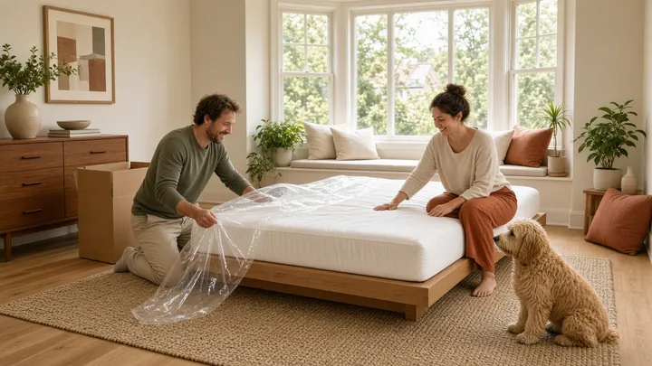 A couple unrolls a new queen foam mattress onto an oak platform frame, its shipping box on the floor and their dog nosing in to help