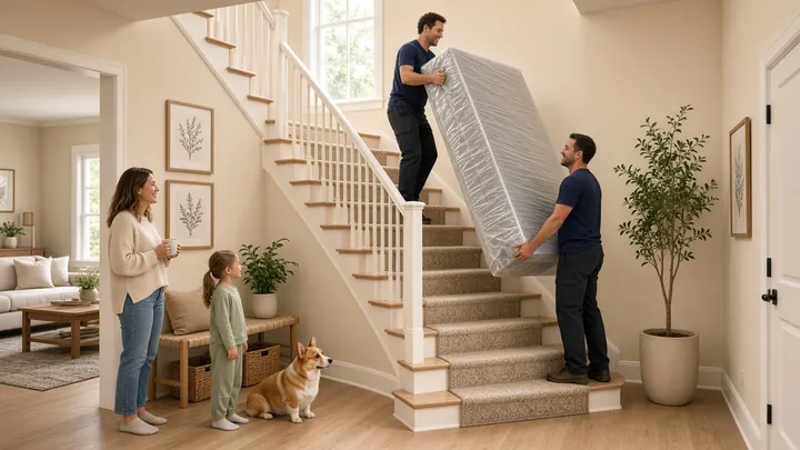 Two movers carry a plastic-wrapped mattress on its edge up a staircase while a family and their corgi watch from the landing
